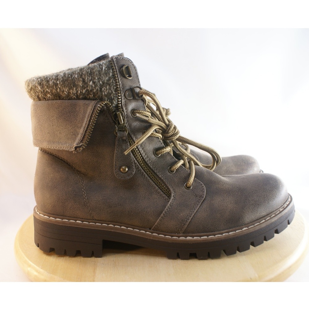 Cliffs by White Mountain Mandy Taupe Brown Knit Collar Combat Boots 8.5M C29687